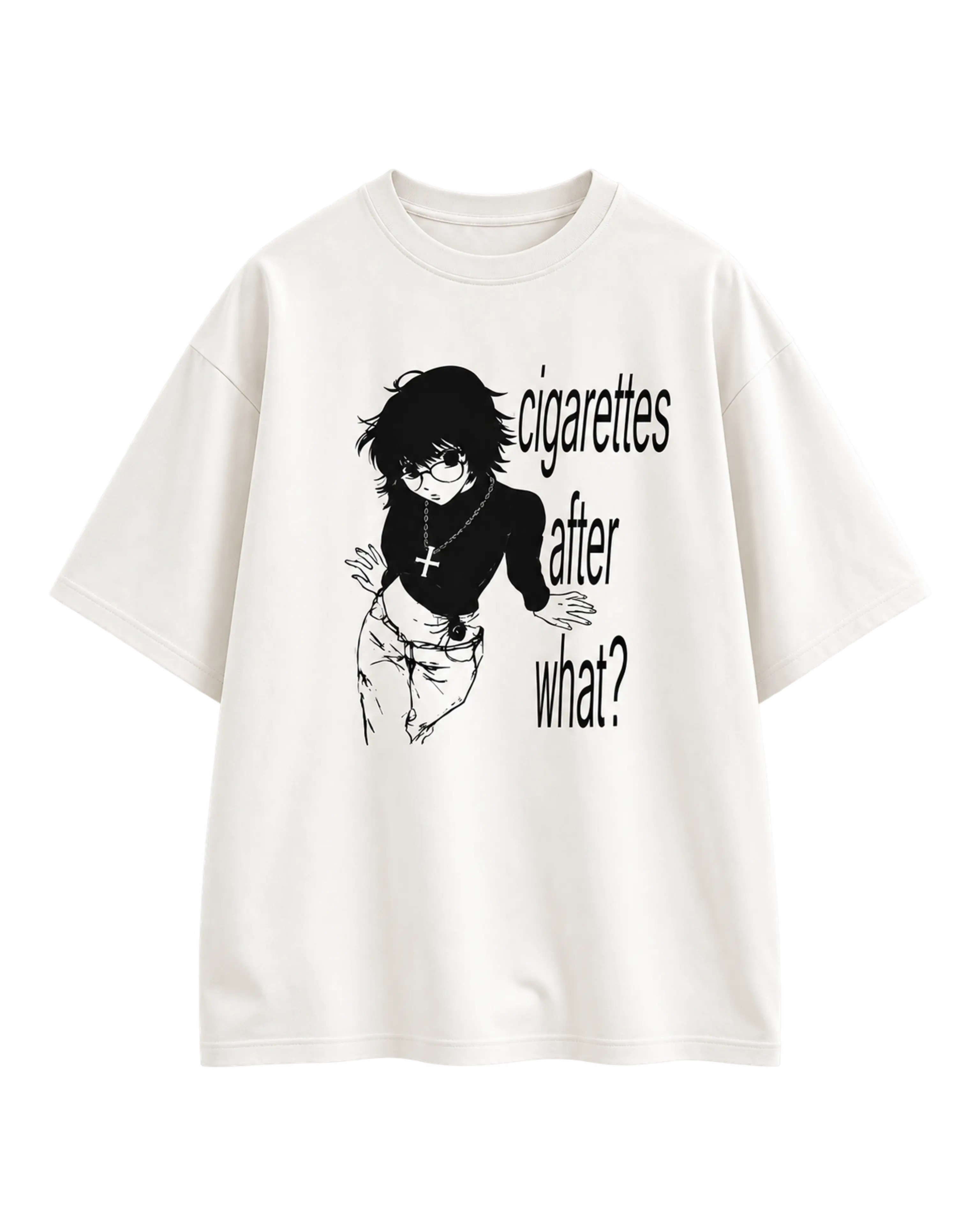 Qabağında 25 sm qara manga dizaynı olan, arxası boş ağ oversize T-shirt